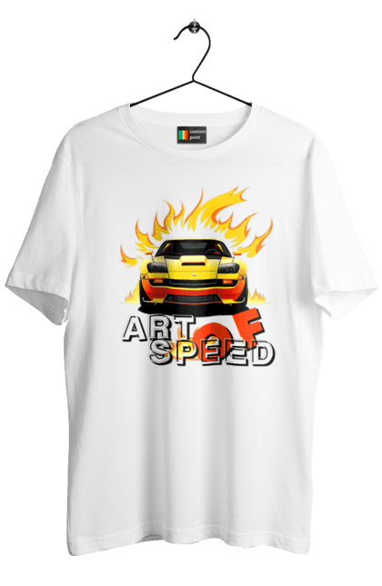 Футболка чоловіча з принтом "Машина у вогні". Автомобіль, вогонь, спортивна машина, спортивний автомобіль, швидкість. 2070702
