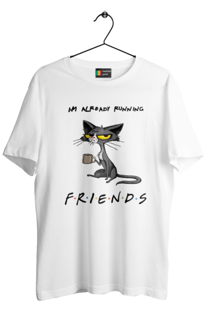 Футболка чоловіча з принтом "Друзі, вже біжу". Вже біжу, відвали, друзі, йди нахуй, кіт з чашкою, не вчіть жити, пародія серіал, сам собі друг, самотність сука, серіал кіт. 2070702
