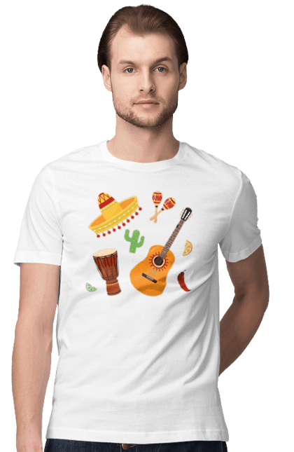 Футболка чоловіча з принтом "Музика мексика". Гітара, лимон, мексика, музика, перець, чілі. ART принт на футболках