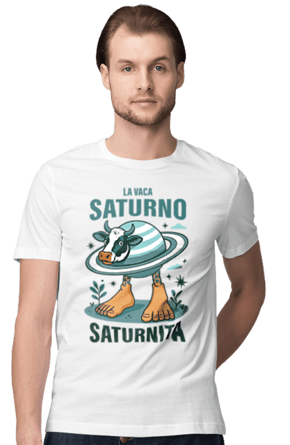 Футболка чоловіча з принтом "Lavaca Saturno Saturnita". Брейнрот, італійська гнилизна мозку, італійський брейнрот, італійський мем, італійські меми, корова сатурн, ла вака, ла вака сатурно, лавака сатурно, сатурно сатурніто. 2070702