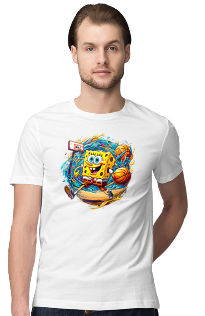 Футболка чоловіча з принтом "Губка Боб". Spongebob, баскетбол, губка боб, м`яч, мультик, мультсеріал, спанч боб, спорт. 2070702
