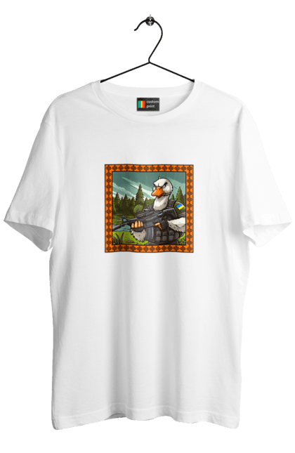 Футболка чоловіча з принтом "Гусячий десант". Біологічна зброя, бойові гуси, військовий гусак, гусячий десант, зброєні сили, прапор, символіка, україна. 2070702