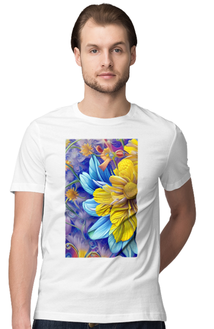 Футболка чоловіча з принтом "Жовто блакитні квіти". Блакитний, жовтий, квіти. futbolka.stylus.ua