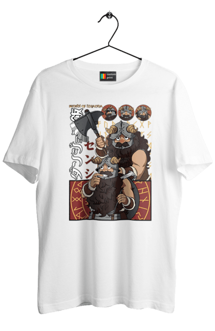 Men's t-shirt with prints Danjon Meshi Senshi. Anime, danjon meshi, dungeon, dwarf, manga, senshi. 2070702