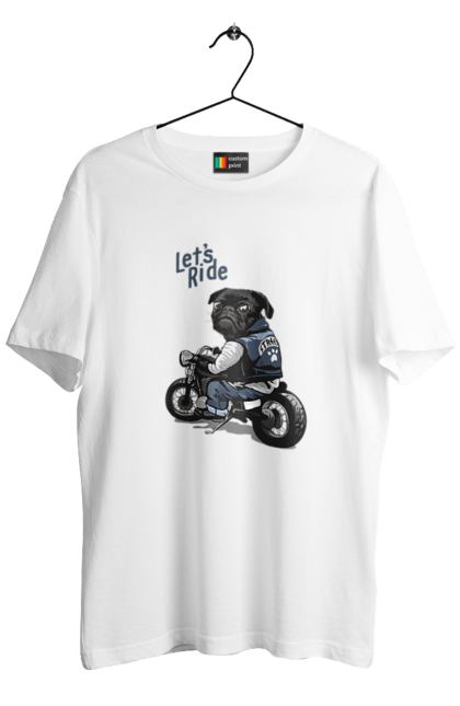 Футболка чоловіча з принтом "Мопс на мотоциклі". Байкер, мопс, мотоцикл, собака, тварини. 2070702