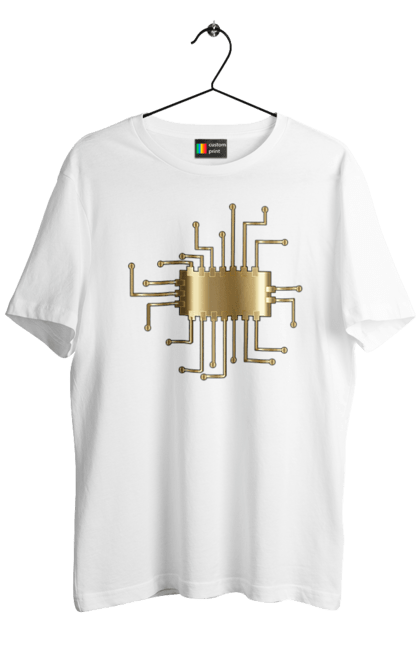Men`s t-shirt with prints Golden Chip. Chip, code, comp, computer, crystal, cybernetics, developer, engineer, geek, gold, golden, it, it specialist, profession, programmer. 2070702
