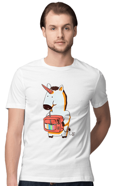 Футболка чоловіча з принтом "Єдиноріг". Дитячий малюнок, єдиноріг, кінь, міфічна істота, напій, ріг, телевізор. ART принт на футболках