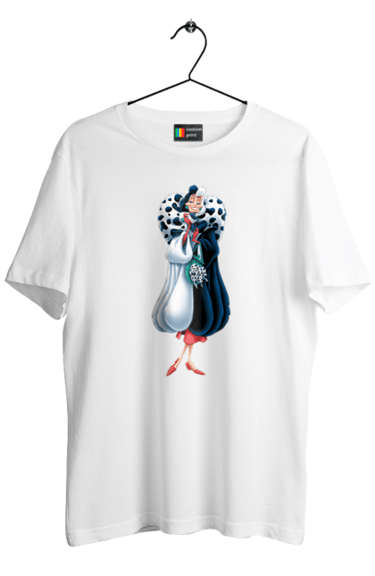 Men's t-shirt with prints Cruella, Dalmatian. Cartoon, cruella, dalmatian, fur coat, villain. CustomPrint.market