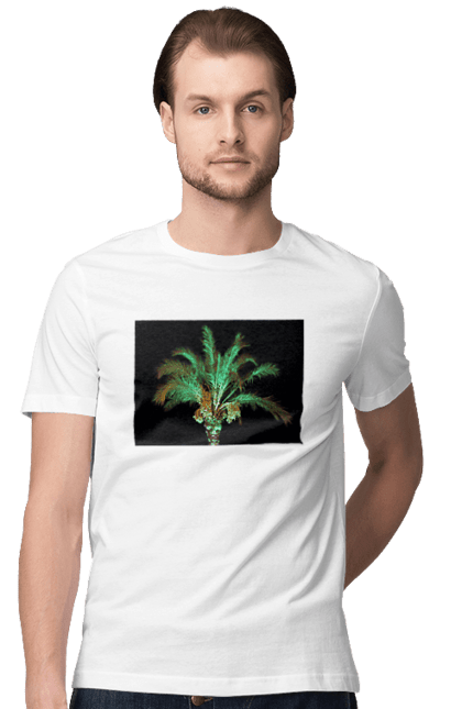 Футболка чоловіча з принтом "Фінікова Пальма Вночі". Берег, відпочинок, відпустка, зелений, море, ніч, оазис, океан, острів, пальма, південь, подорож, пригоди, тропіки, фінікова, чорне. 2070702