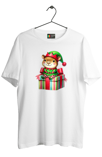 Men's t-shirt with prints Christmas Capybara with a Gift. Animal, capybara, christmas, christmas capybara, christmas elves, gift, holiday, new year, new year`s gift, santa. 2070702