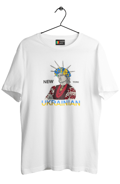 Футболка чоловіча з принтом "UA & NY". Вишиванка, вінок, нью йорк, статуя свободи, україна. 2070702
