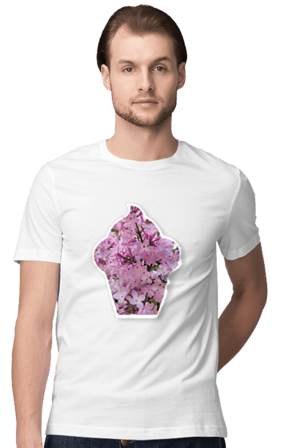 Футболка чоловіча з принтом "Капкейк бузок". Бузок, капкейк, квіти, кекс, кексик, ніжний, природа, рожевий, солодке. ART принт на футболках