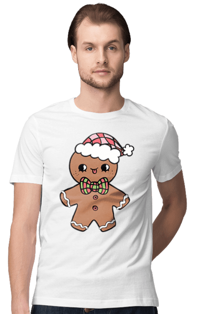 Men's t-shirt with prints Gingerbread in a Christmas hat. Christmas, christmas decor, christmas print, cookie, festive mood, gingerbread cookies, new year, sweets, winter holidays. 2070702