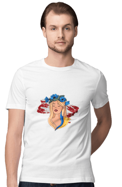 Футболка чоловіча з принтом "Дівчина на карті України". Дівчина, дівчина на карті, жовтий, карта україни, квіти, прапор, синій, україна, червоний. 2070702