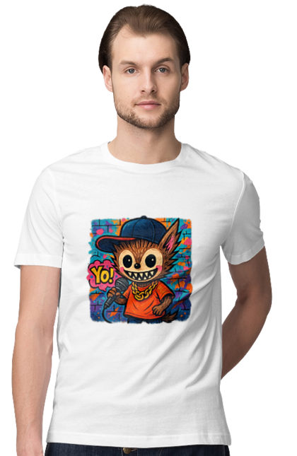 Футболка чоловіча з принтом "Лабубу". Бейсболка, вуличне мистецтво, графіті, золотийланцюг, лабубу, мікрофон, міський стиль, репатмосфера, хіпхоп, яскраво. 2070702