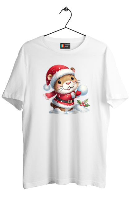 Men's t-shirt with prints Capybara playing snowballs. Animal, capybara, christmas, christmas capybara, game, gift, holiday, new year, santa, snowballs. 2070702