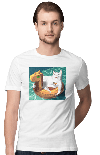 Футболка чоловіча з принтом "Білий кіт у плавальному колі, на відпочинку". Басейн, відпочинок, кіт, коктейль, море, плавальний круг. 2070702