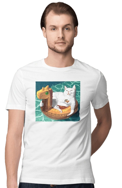 Белый кот в плавательном кругу, на отдыхе