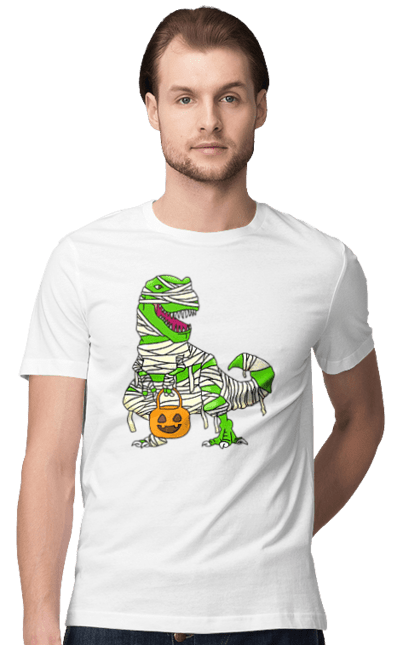 Футболка мужская с принтом Хэллоуин динозавр. 31 октября, dinosaur, halloween, гадость, динозавр, октябрь, праздник, сладость, тыква, хэллоуин. 2070702