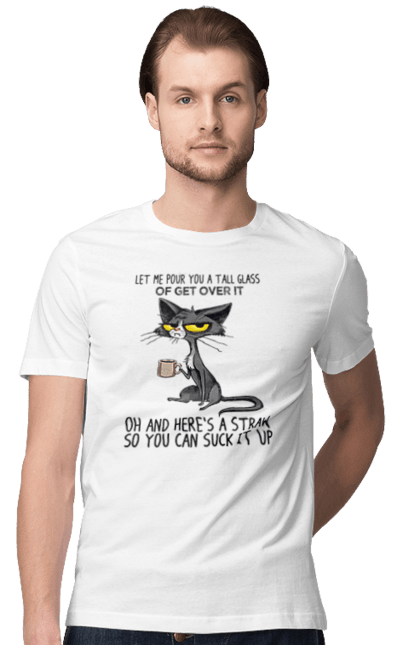 Футболка чоловіча з принтом "Як це пережити?". Велика склянка, випий, все відмінно, йди нахуй, кіт і кухоль, налий, роздум, смоктати, як це подолати. 2070702