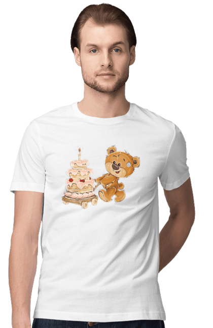 Men's t-shirt with prints Teddy bear with cake. Bear, bear cub, birthday, pie. CustomPrint.market