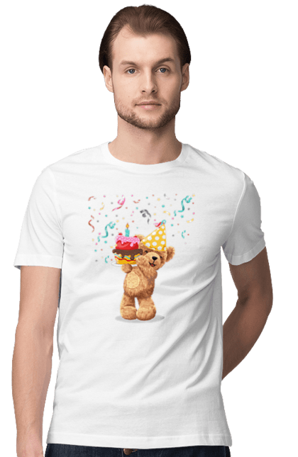 Men's t-shirt with prints Bear`s birthday. Animals, bear, bear`s birthday, birthday, birthday holiday, holiday, teddy bear. CustomPrint.market