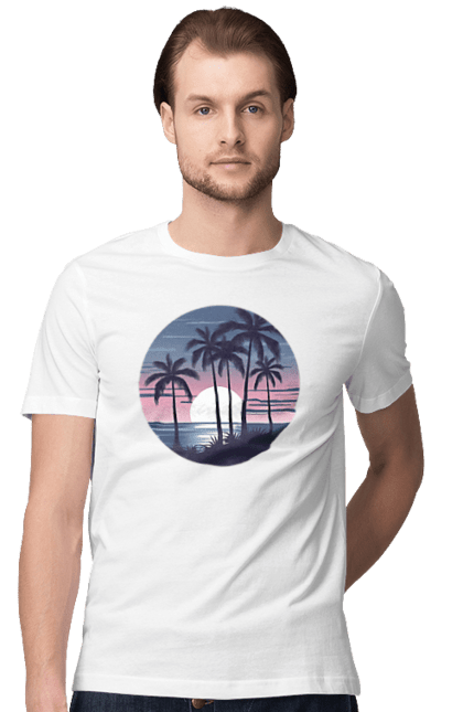 Men's t-shirt with prints Palm Beach  Sunset. Beach, palm beach, palm tree, palm trees, sea. CustomPrint.market