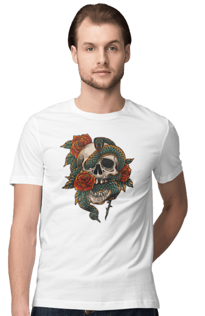 Футболка чоловіча з принтом "Череп зі змією". Змія, зуби, квіти, кістки, луска, троянди, череп, шипи. 2070702