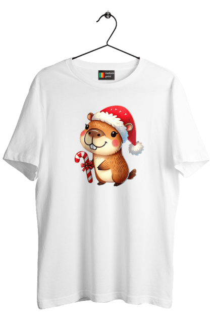 Men's t-shirt with prints Capybara with Christmas Candy. Animal, capybara, christmas, christmas capybara, gift, holiday, lollipop, new year, new year`s gift, santa. 2070702