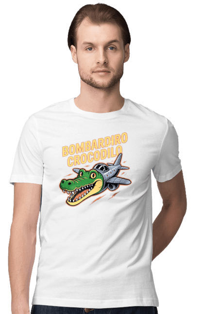 Футболка чоловіча з принтом "Bombardino Crocodilo". Bombardino, bombardino crocodilo, crocodilo, бомбардиро крокодило, бомбардіно крокоділо, крокодил, крокодил літак, крокодил мем, мем бомбардине крокодило, меми. 2070702