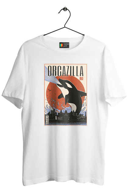 Men's t-shirt with prints Orcazilla. Cartoon style design, graphic, japan print, japanese, japanese art, japanese poster, japanese poster orca, ocean wildlife, orca, orcazilla. 2070702