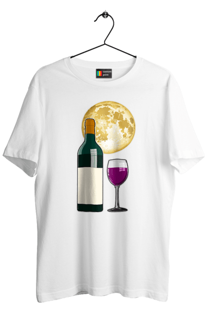 Футболка чоловіча з принтом "Червоне вино під Місяцем". Алкоголь, вино, диск, келих, коло, місяць, ніч, пляшка, романтика, світло, скло, чарка, червоне вино. ART принт на футболках