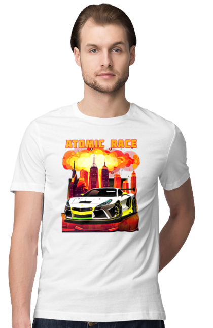 Men`s t-shirt with prints Atomic race. Atomic race, automobile, car, race, racing cars, sport car, sports car. 2070702