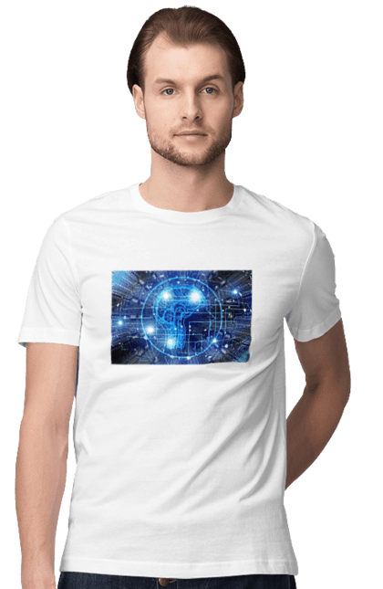 Футболка чоловіча з принтом "Штучний інтелект". Айті, айтішник, гік, знання, інженер, інтелект, кібер, кібернетика, кіборг, код, комп, комп`ютерник, кристал, машинне навчання, мікросхема, мозок, портрет, програміст, професіонал, професія, розробник, розум, хакер, чіп, штучний інтелект, штучний розум. 2070702