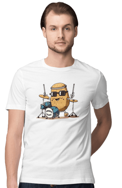 Футболка чоловіча з принтом "Картопля ударник". Барабани, барабанщик, картопля, картопля фрі, картоха, музикант, ударник, ударні. ART принт на футболках