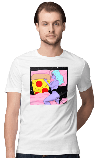 Футболка чоловіча з принтом "Фіолетова Дівчина І Піца". Дівчина, ліжко, піца. 2070702