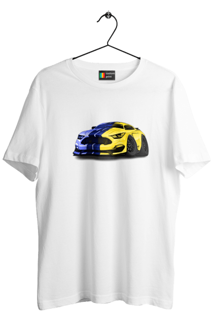 Футболка чоловіча з принтом "Український мустанг". Жовто блакитне авто, кольори україни, машина, мустанг, суперкар, форд мустанг, шелбі. 2070702
