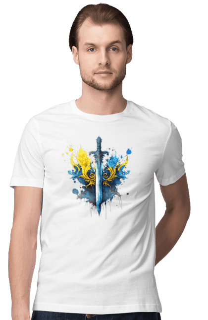Футболка чоловіча з принтом "Меч в українському стилі". Герб, меч, перемога, прапор, символ україни, тризуб, україна. ART принт на футболках