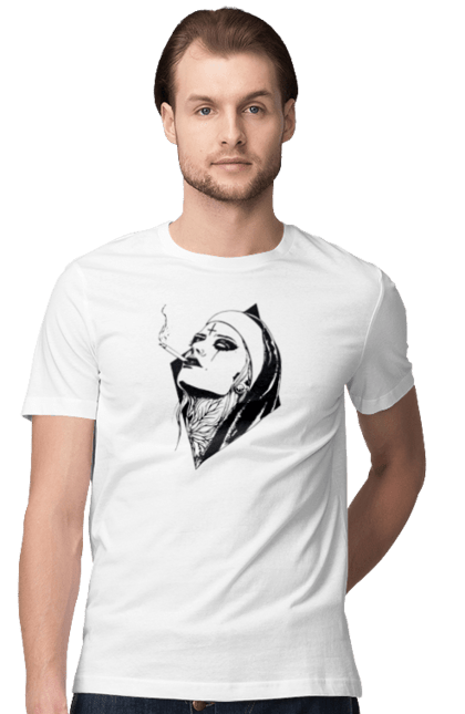 Футболка чоловіча з принтом "Монашка". Дівчина, круто, сигарети, тату. 2070702