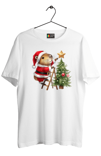 Men's t-shirt with prints Christmas Capybara with a Tree. Animal, capybara, christmas, christmas capybara, christmas tree, gift, holiday, new year, new year`s gift, santa. 2070702