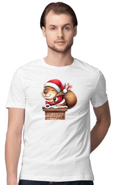 Men's t-shirt with prints Christmas Capybara with a Gift. Animal, capybara, christmas, christmas capybara, gift, holiday, new year, new year`s gift, santa. 2070702