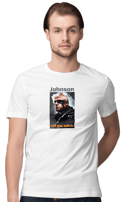 Футболка чоловіча з принтом "Johnson. I'll be back". Borisjohnson, борисджонсон, кіно, мем, портрет. futbolka.stylus.ua