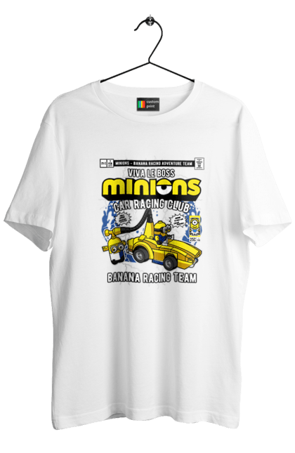 Футболка чоловіча з принтом "Minions Banana Racing Car". Банан, гоночний автомобіль, міньйон, міньйони. Funkotee
