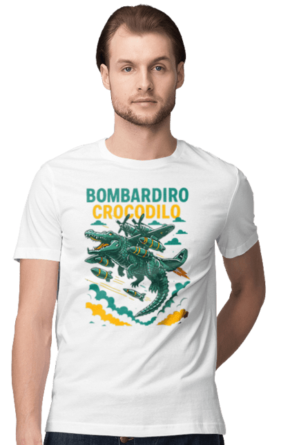 Футболка чоловіча з принтом "Bombardino Crocodilo". Bombardino, bombardino crocodilo, crocodilo, бомбардіно крокоділо, крокодил, крокодил літак, крокодил мем, мем, мем бомбардине крокодило. 2070702