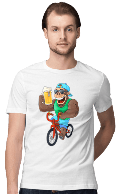 Футболка чоловіча з принтом "Мавпа З Пивом На Велосипеді". Велосипед, мавпа, пиво. ART принт на футболках