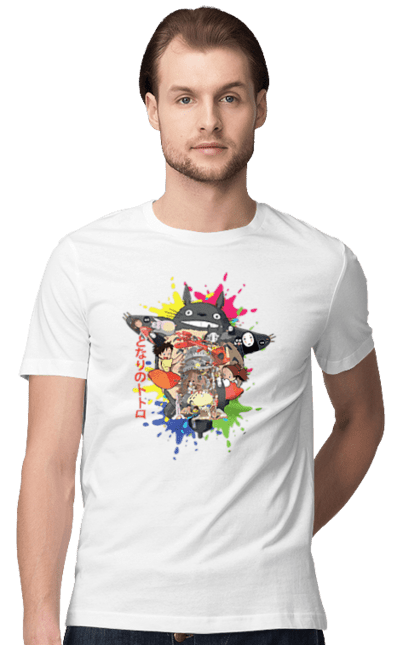 Men's t-shirt with prints Totoro. Adventures, anime, comedy drama, fantasy, film, my neighbor totoro, tv series. 2070702