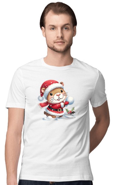 Men's t-shirt with prints Capybara playing snowballs. Animal, capybara, christmas, christmas capybara, game, gift, holiday, new year, santa, snowballs. 2070702