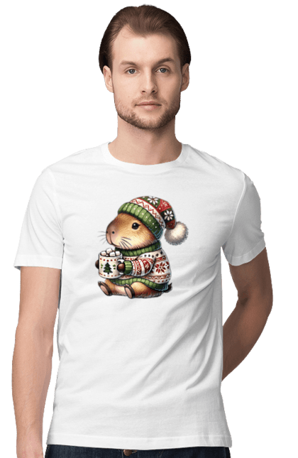 Men's t-shirt with prints Capybara with hot chocolate. Animal, capybara, christmas, christmas capybara, gift, holiday, hot chocolate, new year, santa. 2070702