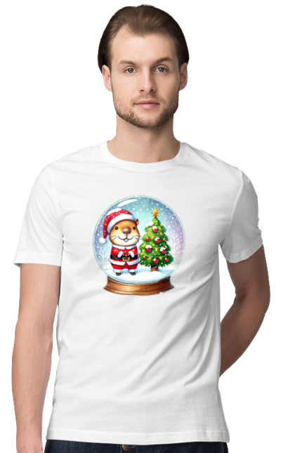 Men's t-shirt with prints Christmas Capybara with a Tree. Animal, capybara, christmas, christmas capybara, christmas tree, gift, holiday, new year, new year`s gift, santa. 2070702