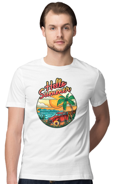 Men`s t-shirt with prints Hello Summer, Car By The Sea. Beach, island, palm, summer. 2070702